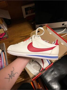 Nike Cortez - White with Red Swoosh and Blue Accent